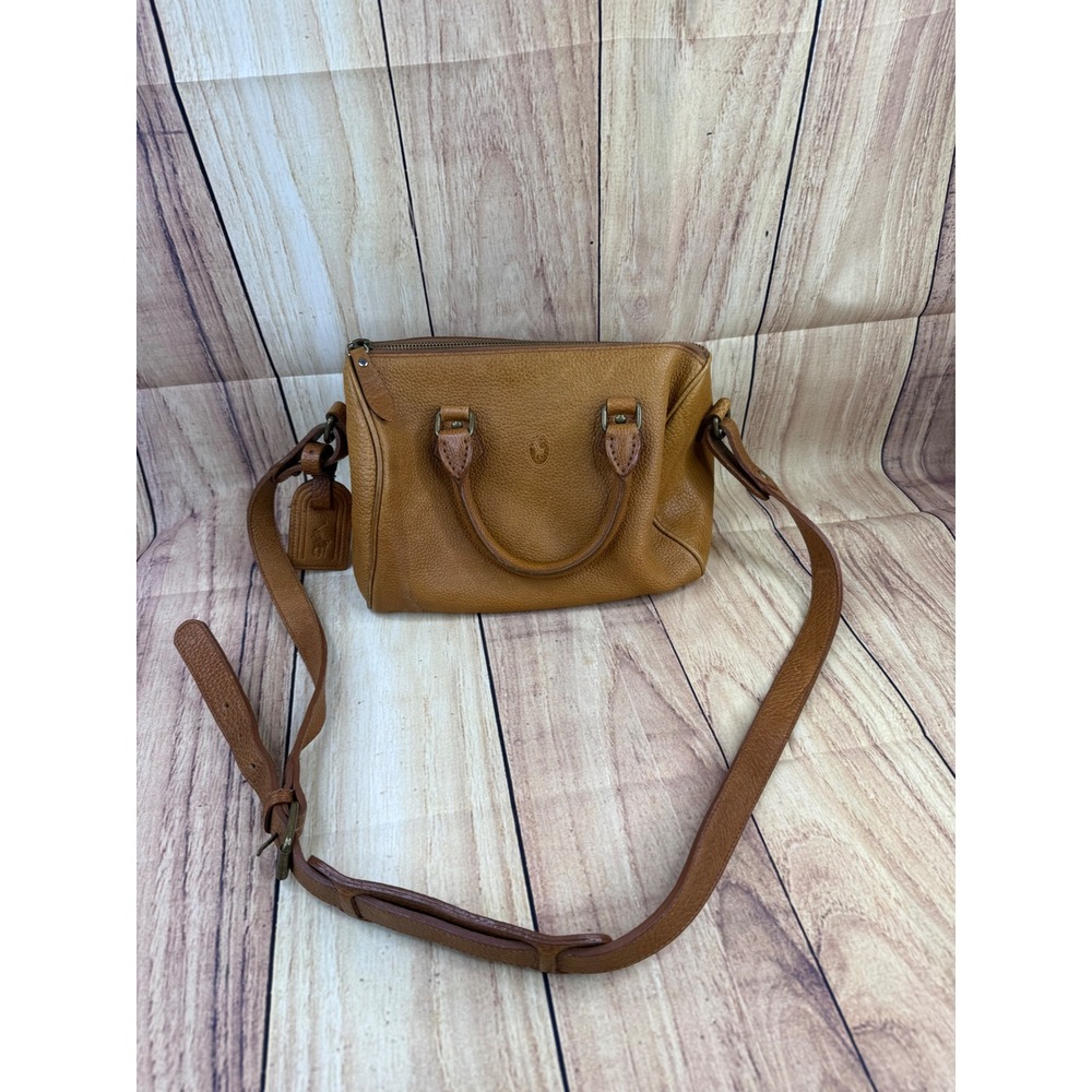 Polo Ralph Lauren Tan Pebbled Leather Mini Duffle Crossbody Bag Luggage Tag